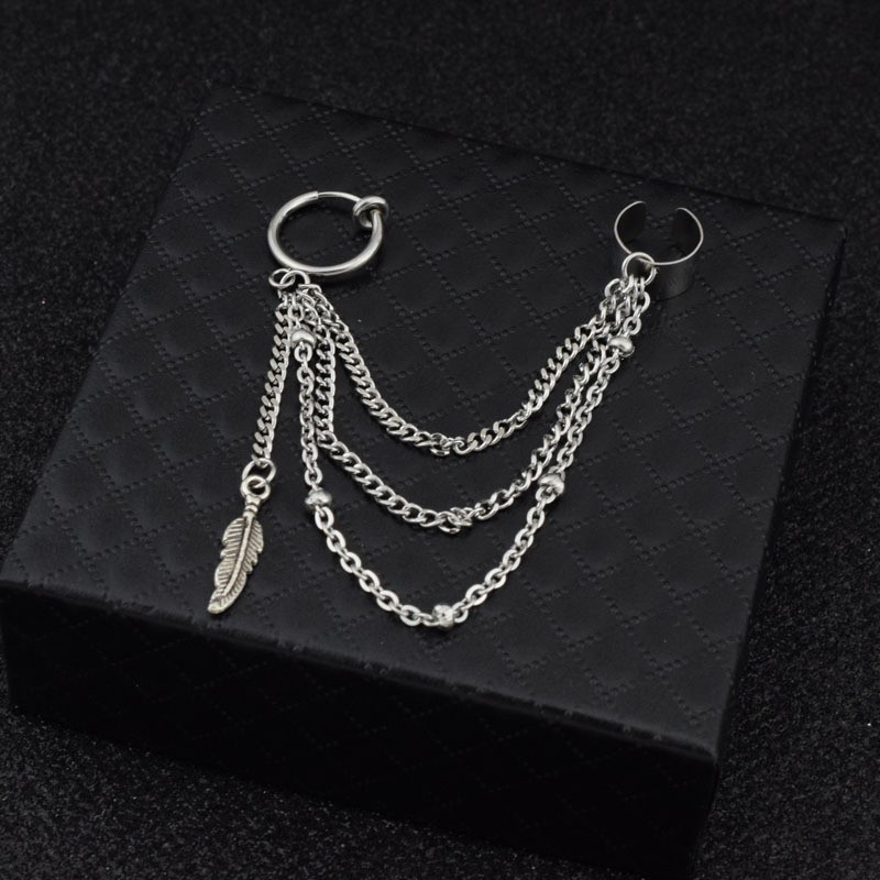 Khuyên tai BTS V kéo sợi 3 xích và lông vũ khuyên titan nam nữ unisex BTS không gỉ
