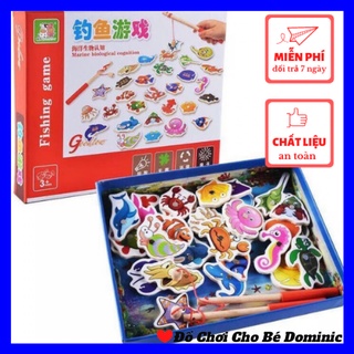 Bộ câu cá, đồ chơi cho bé dominic, đồ chơi câu cá nam châm bằng gỗ cho bé bộ gồm hai cần câu và 32 cá gỗ
