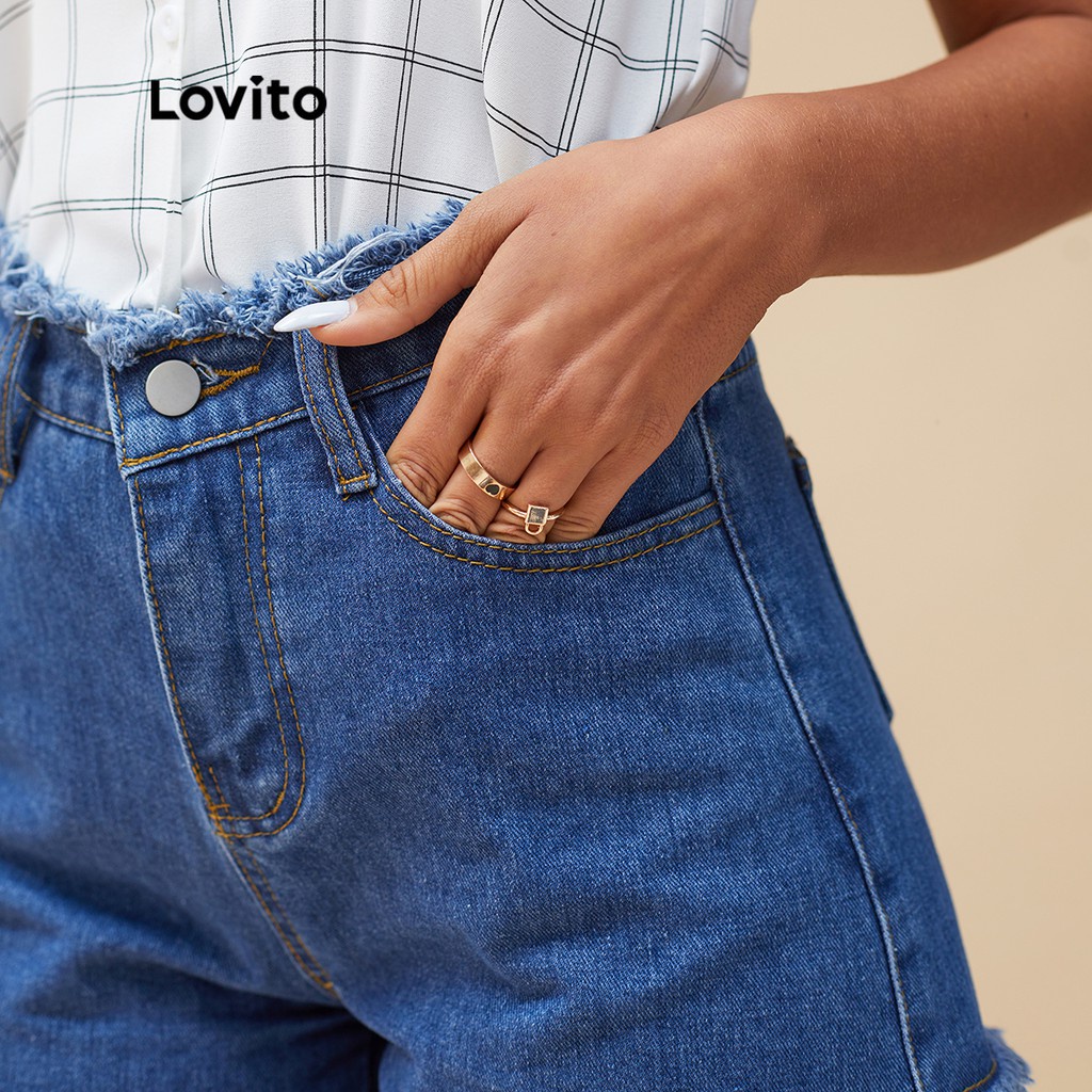 Quần short jean Lovito thiết kế đơn giản phối tua rua L14X067 (màu xanh dương đậm / trắng) | BigBuy360 - bigbuy360.vn