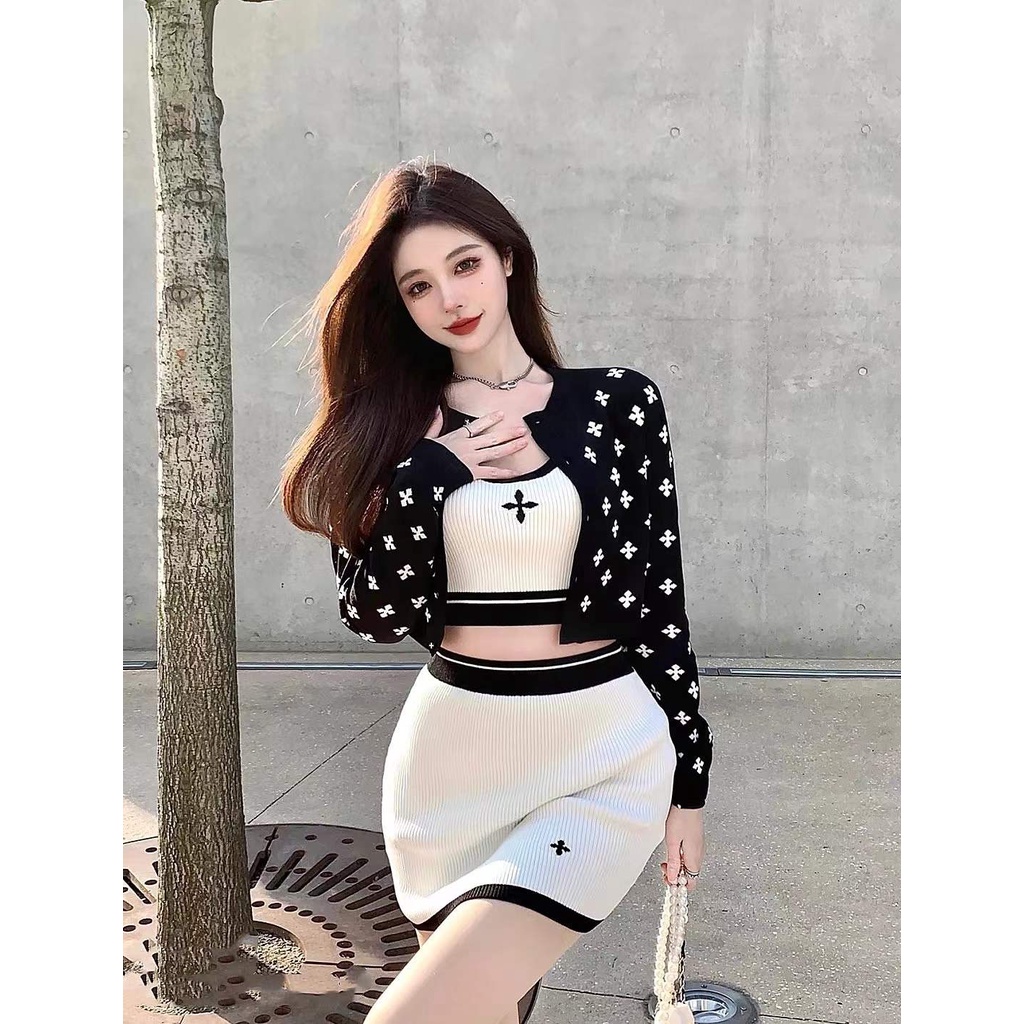 Cocory vn Áo khoác cardigan/set áo không tay và chân váy lưng cao kiểu dáng thời trang cho nữ (có bán lẻ)