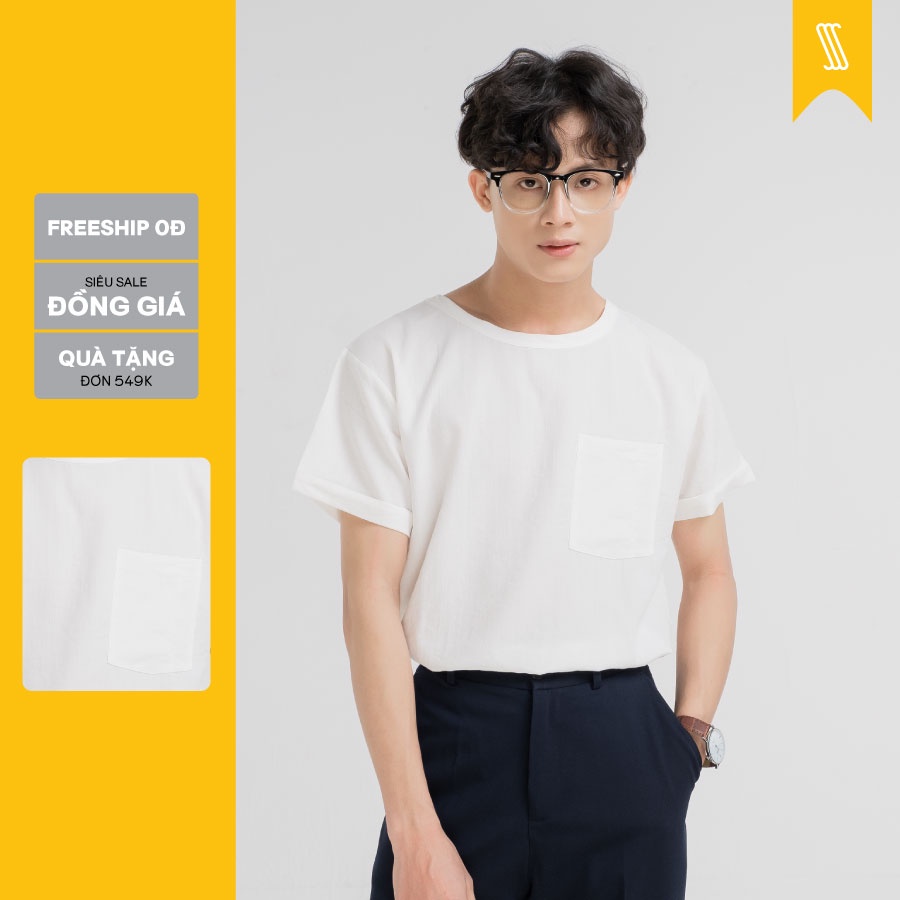 Áo phông Nam tay ngắn có túi ngực SSSTUTTER cổ tròn ngắn tay Vải Linen siêu thoáng mát 5 màu Linen Tee