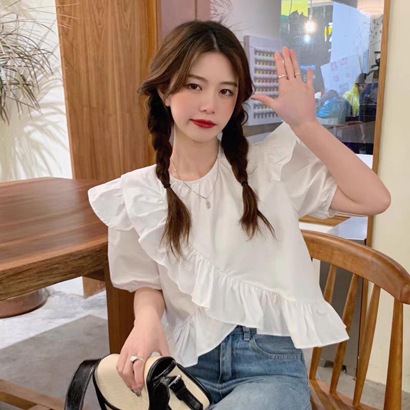 Áo sơ mi bèo chéo nữ cộc tay Ylydress màu trắng xanh freesize form rộng đi học đi làm công sở phong cách hàn quốc C468