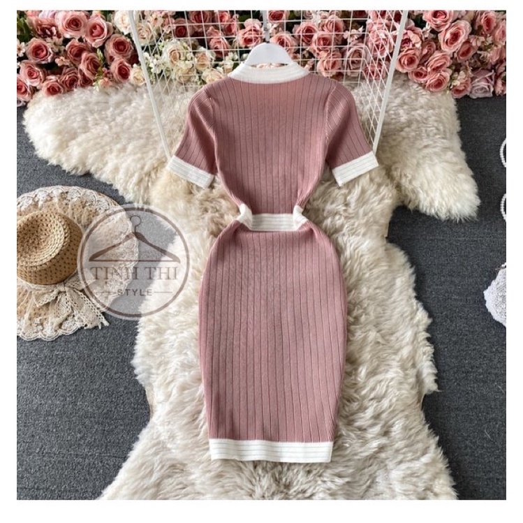 Đầm body thun len gân dệt kim màu trơn phối viền cổ tròn, đầm dáng ôm