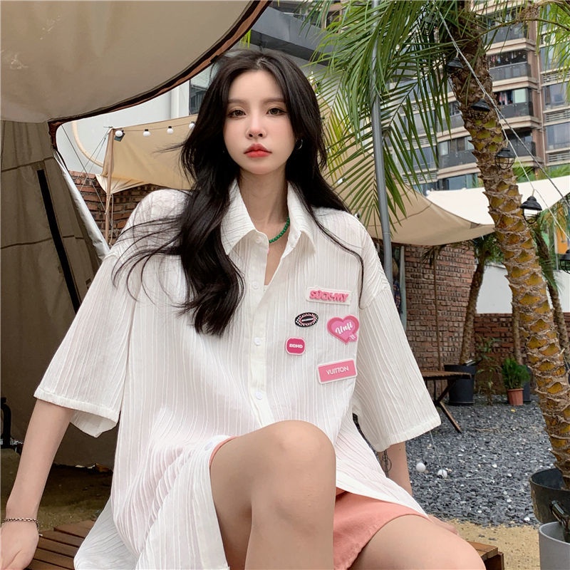 Áo Sơ Mi Ngắn Tay Dáng Rộng Họa Tiết Kẻ Sọc Thời Trang Mùa Hè Cho Nữ
