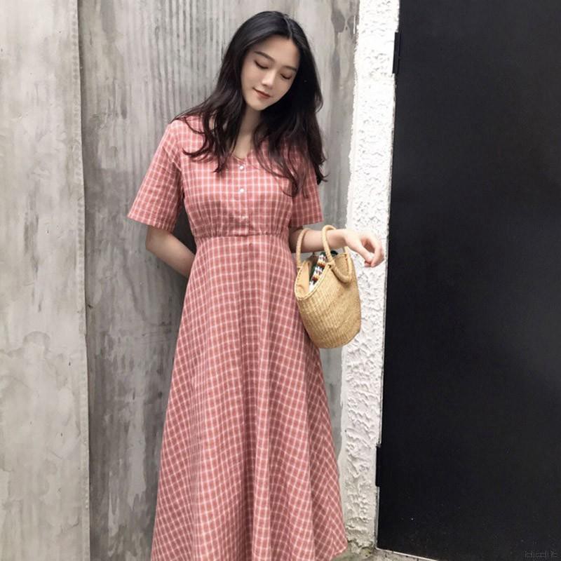 Đầm Nữ Cổ Tròn Họa Tiết Caro Thời Trang