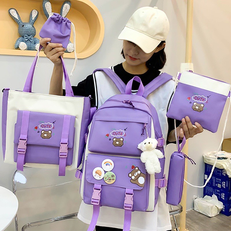 Set ba lô nữ 4 món cặp đi học du lịch phong cách ulzzang hình gấu - xuongbalotuongquy