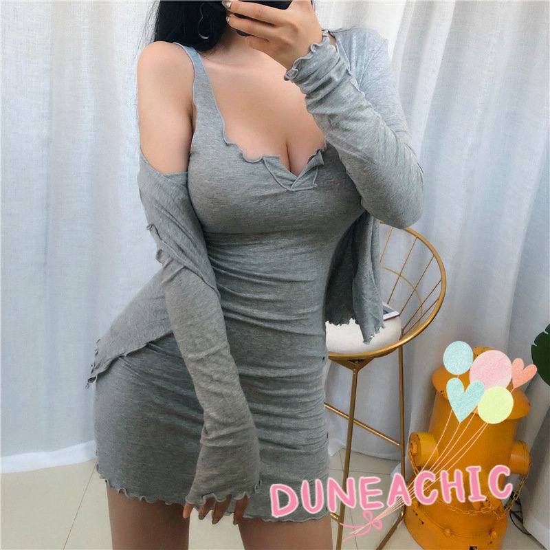DUNEA Set Đầm Hai Dây Phối Áo Khoác Cardigan Mỏng Thời Trang Thanh Lịch Quyến Rũ Cho Nữ