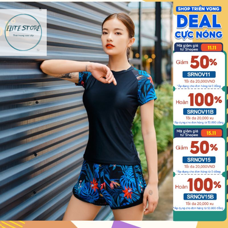 Bộ Đồ bơi nữ ,Bikini đi biển áo tắm hai mảnh ngắn tay cá tính chất thun lạnh quần 2 lớp che bụng kín đáo B2043