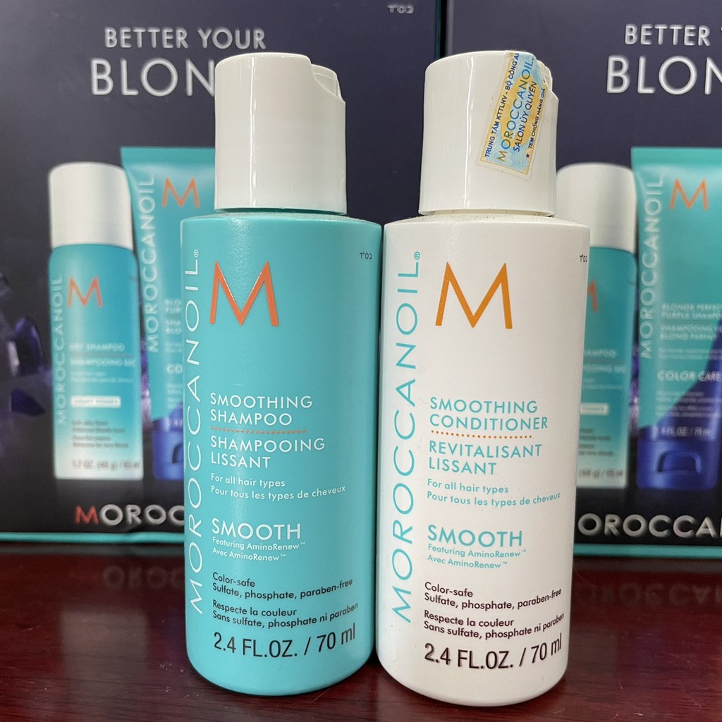 Combo Try Me Kit dầu gội xả suôn mượt Moroccanoil Smooth 70mlx2 và tinh dầu Treatment 15ml ( New 2021 )