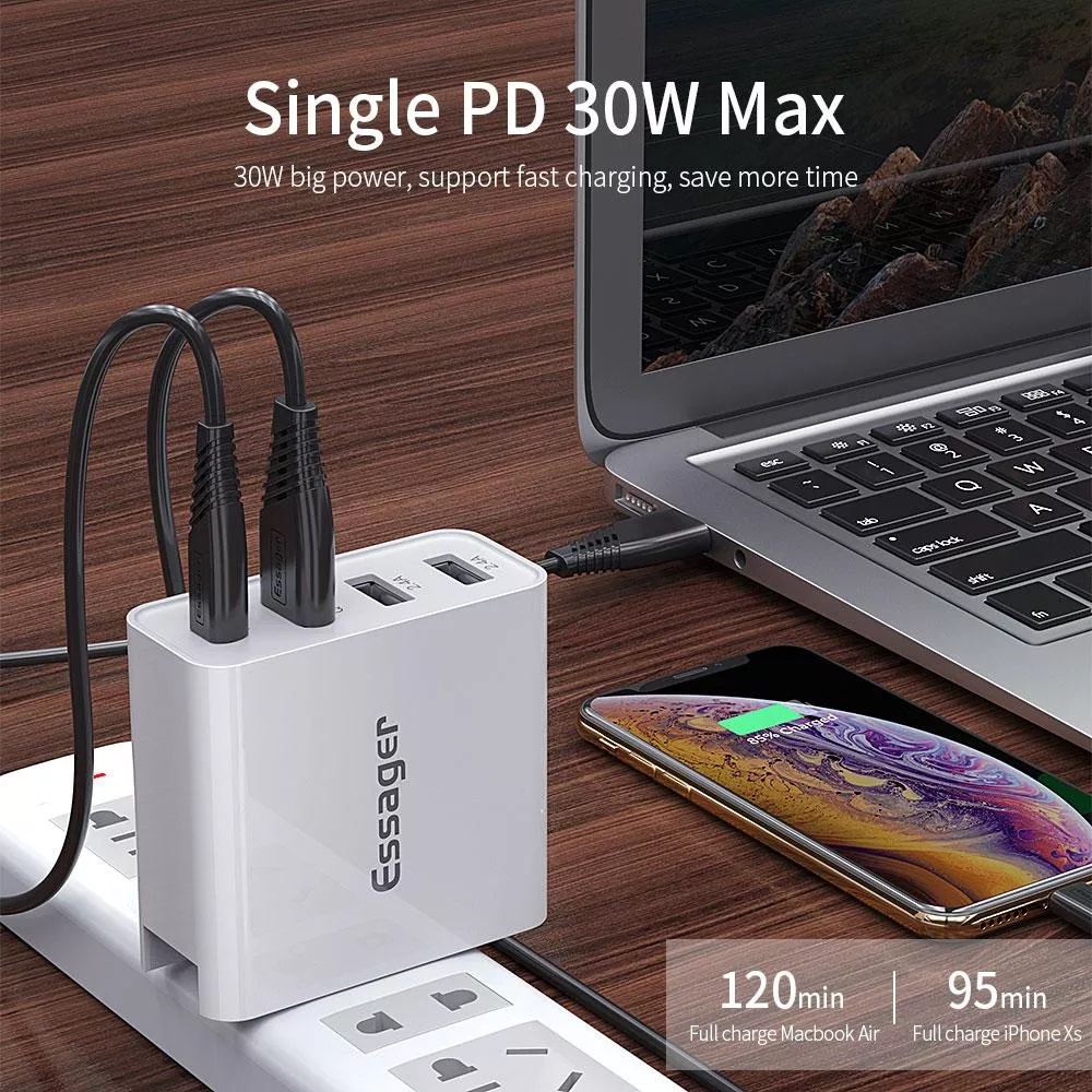Củ Sạc Nhanh 48W 4 Cổng Essager 4U - QC 3.0 18W - PD 3.0 30W - AFC - FCP - Hàng Chính Hãng - Bảo Hành 1 Năm