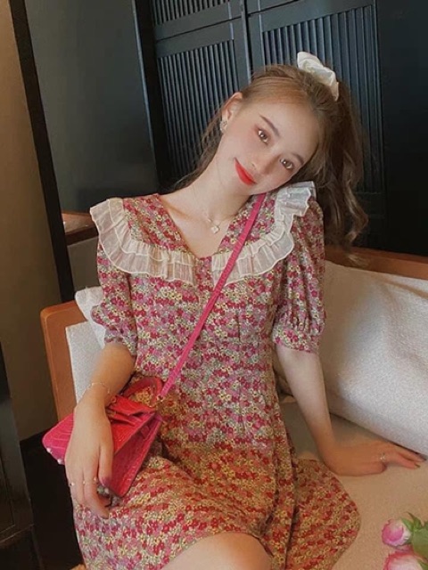 Váy Hoa Nhí Cổ Bèo Dáng Xòe Nhẹ Tiểu Thư , Đầm Tiểu Thư Hoa Nhí Siêu Xinh