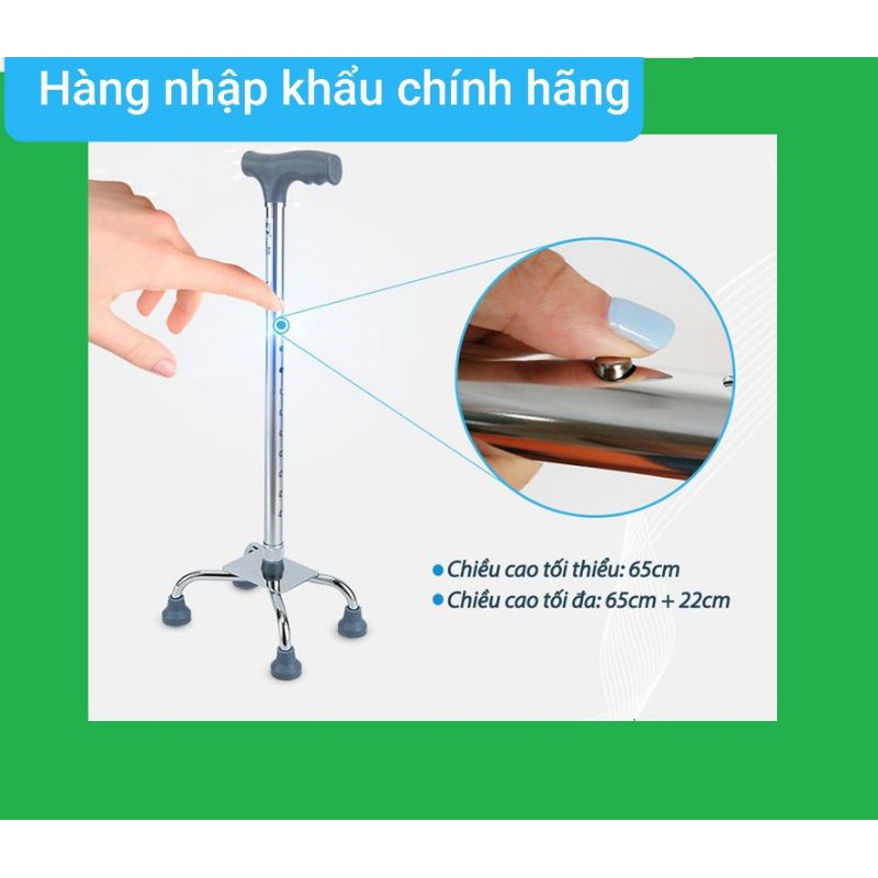 Gậy Tập Đi Người Già - Gậy Chống 4 Chân Lucass Nhập Khẩu [Chỉnh Cao Thấp Được]