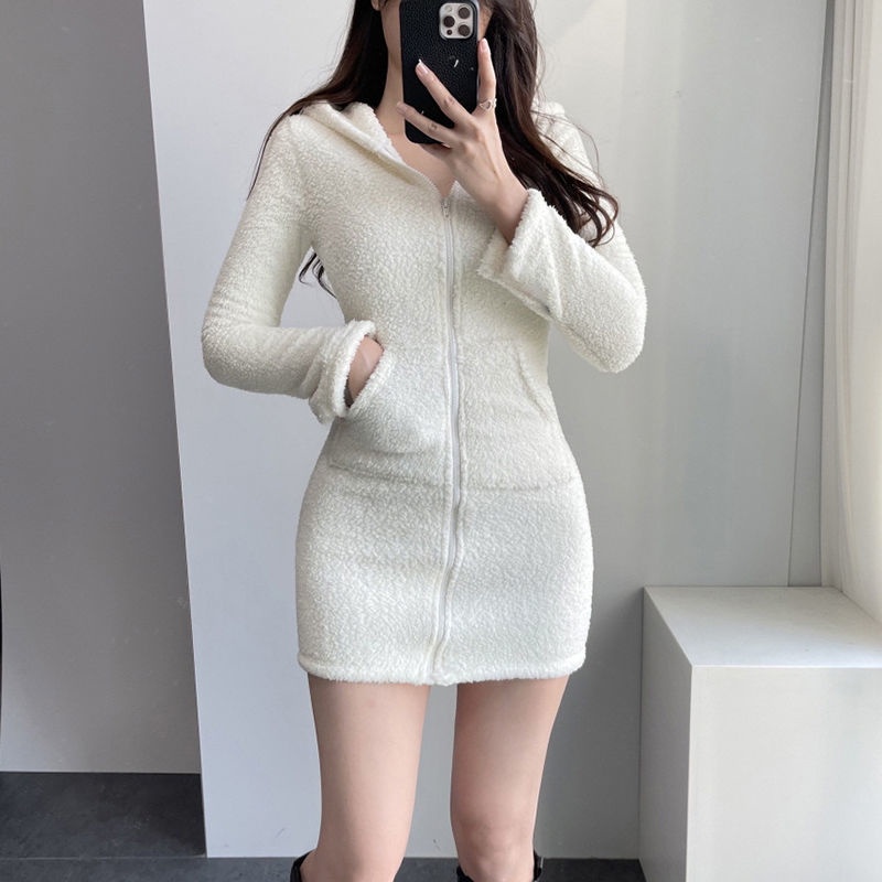 Rapcopter European and American lamb plush hat dress female zipper pocket slim look thin spicy girl hip skirt