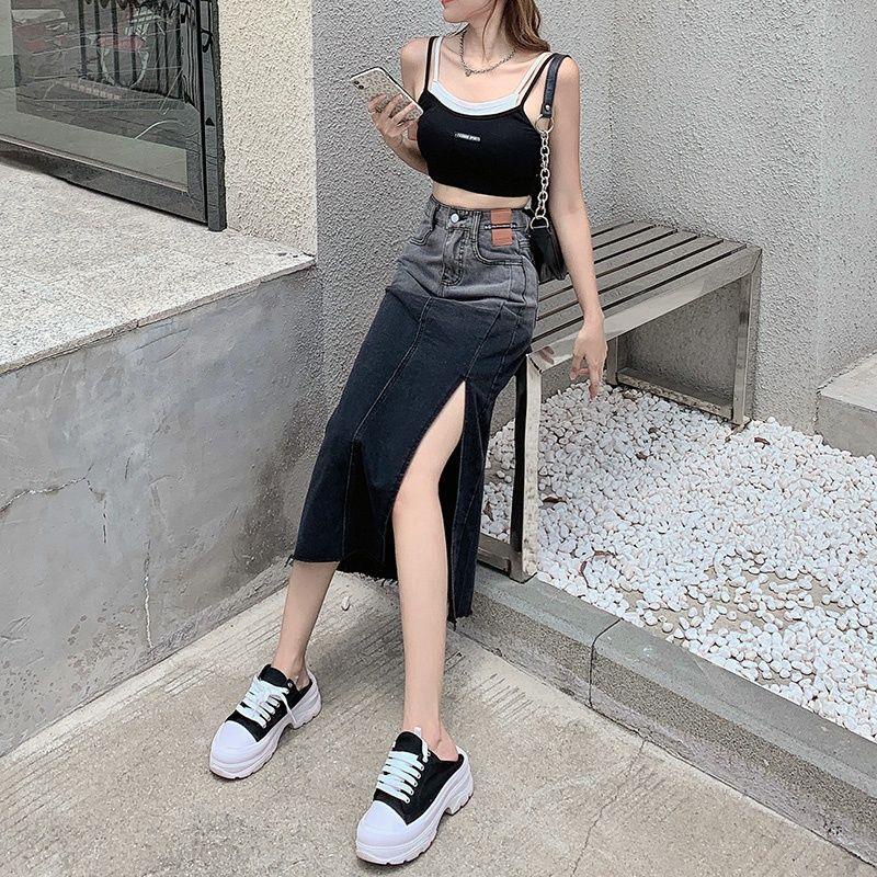 Chân Váy Jean Chữ a Lưng Cao Xẻ Tà Màu Gradient Thời Trang Mùa Hè Mới Cho Nữ