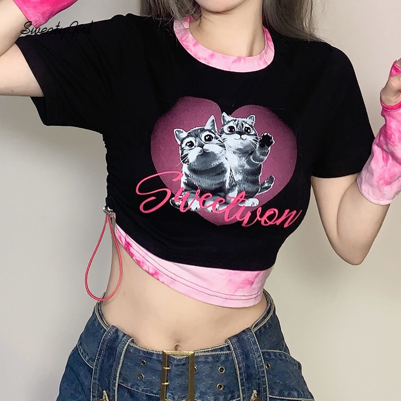 Áo Thun Ngắn Tay Cổ Tròn In Họa Tiết Mèo Hoạt Hình Phối Màu Tương Phản Thời Trang Cho Nữ 2022