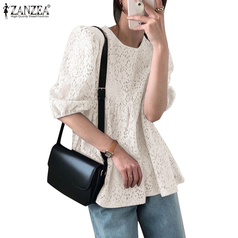 Áo nữ Zanzea tay phồng cổ chữ O phong cách Hàn Quốc thanh lịch