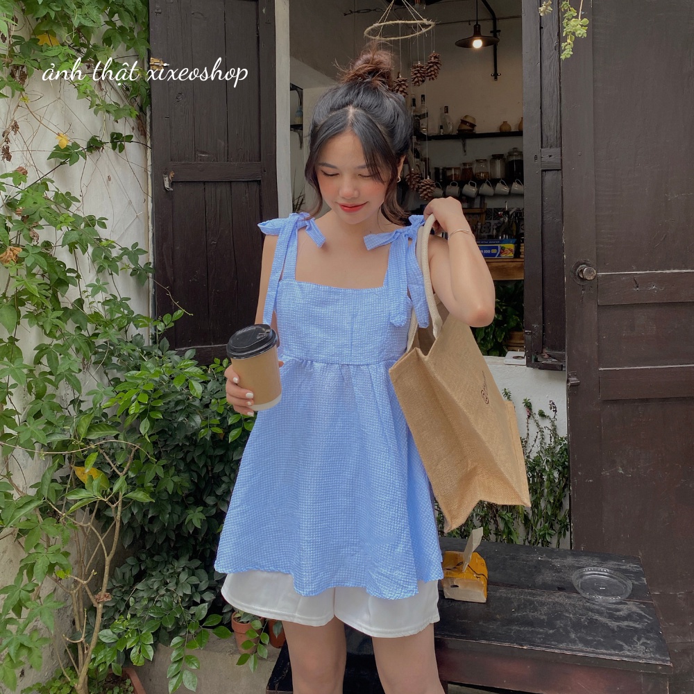 Set áo hai dây buộc nơ vai kèm quần sooc trắng xixeoshop - v42