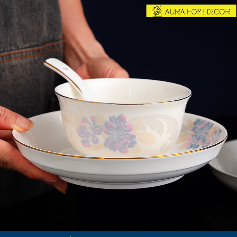 Bộ bát đĩa cao cấp, 24 món chén dĩa sứ họa tiết hoa Diên Vĩ - Ảnh thật shop chụp