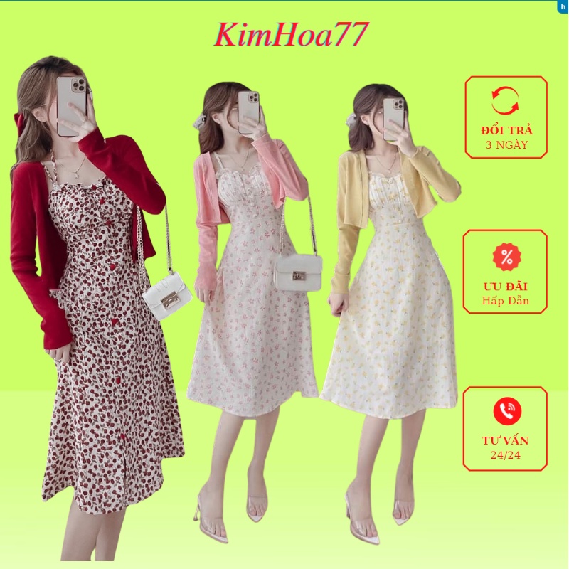 Sét đầm 2 dây hoa nhí kèm áo khoác KimHoa77 chất lụa có lót trong phối umi vừa xinh lại hot mặc được quanh năm freesize