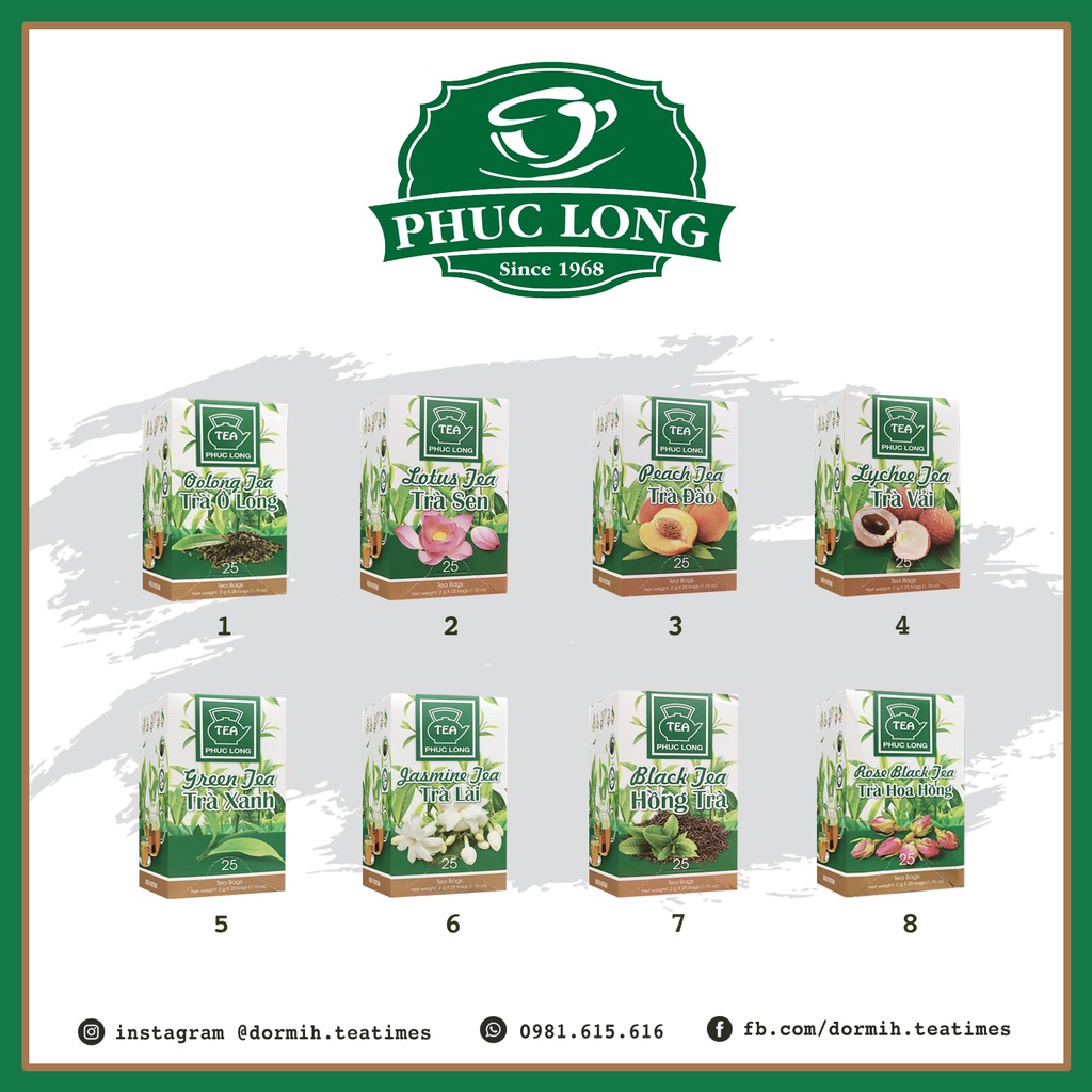 Trà Phúc Long đủ vị: trà lài, trà đào, trà ô-long, hồng trà, trà vải, trà xanh,...