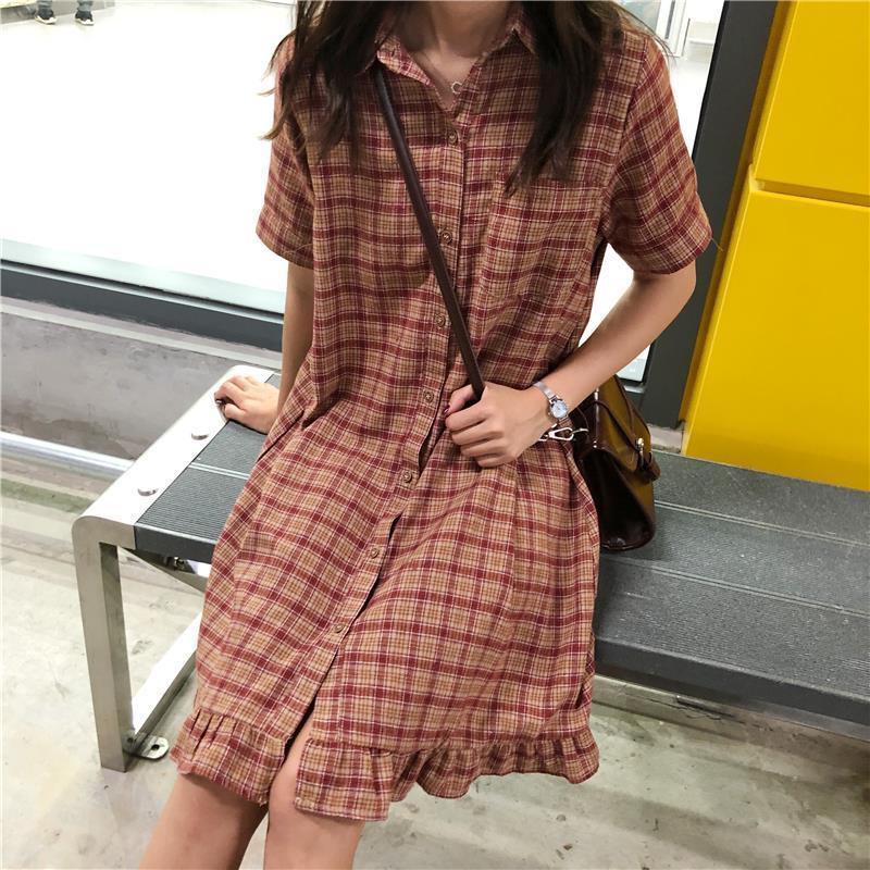 Đầm sơ mi kẻ vintage cổ cao đuôi xòe chất liệu thô lụa mềm phong cách hàn quốc - CM Shop