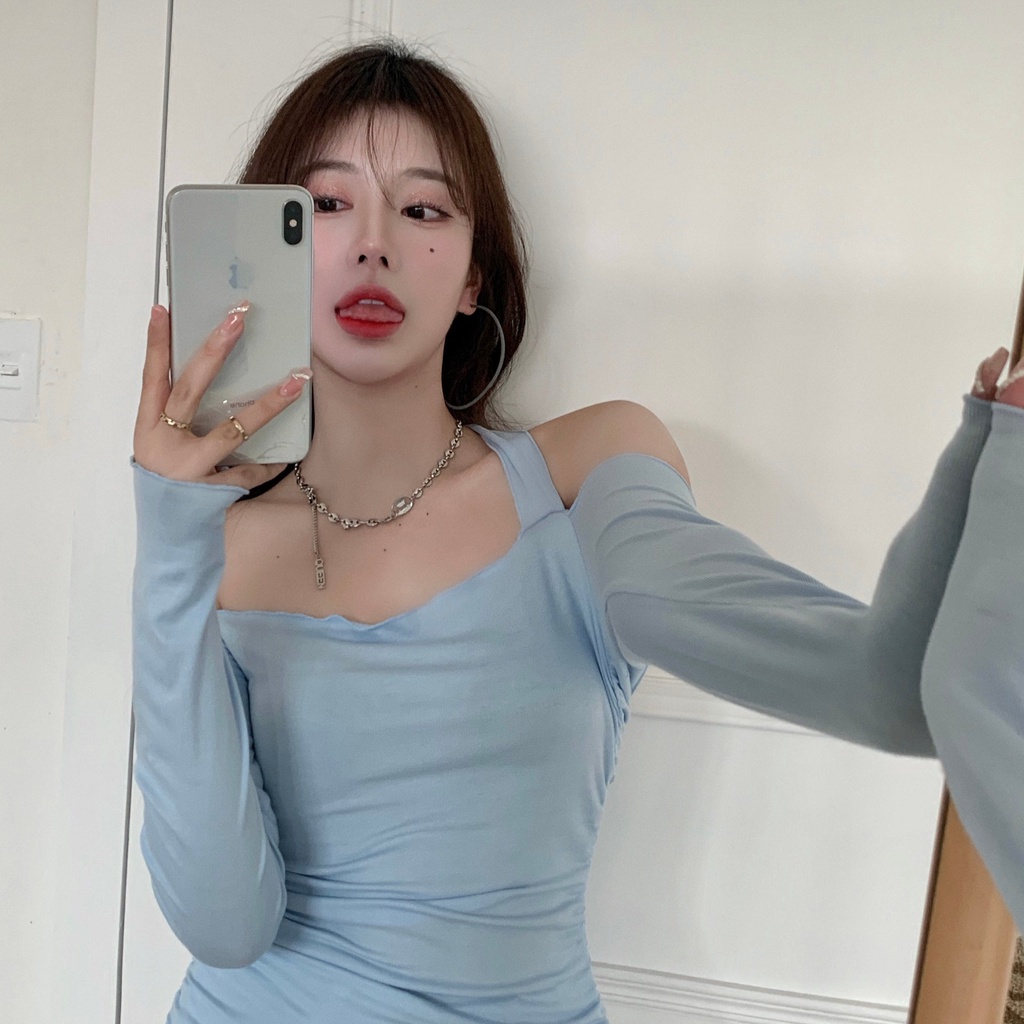 Áo thun mỏng bệt vai cho nữ, áo thu đông kiểu thời trang gợi cảm.