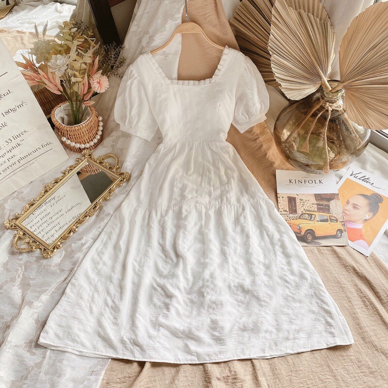 ĐẦM MIDI TRẮNG CÔ VUÔNG VIỀN NƠ LƯNG