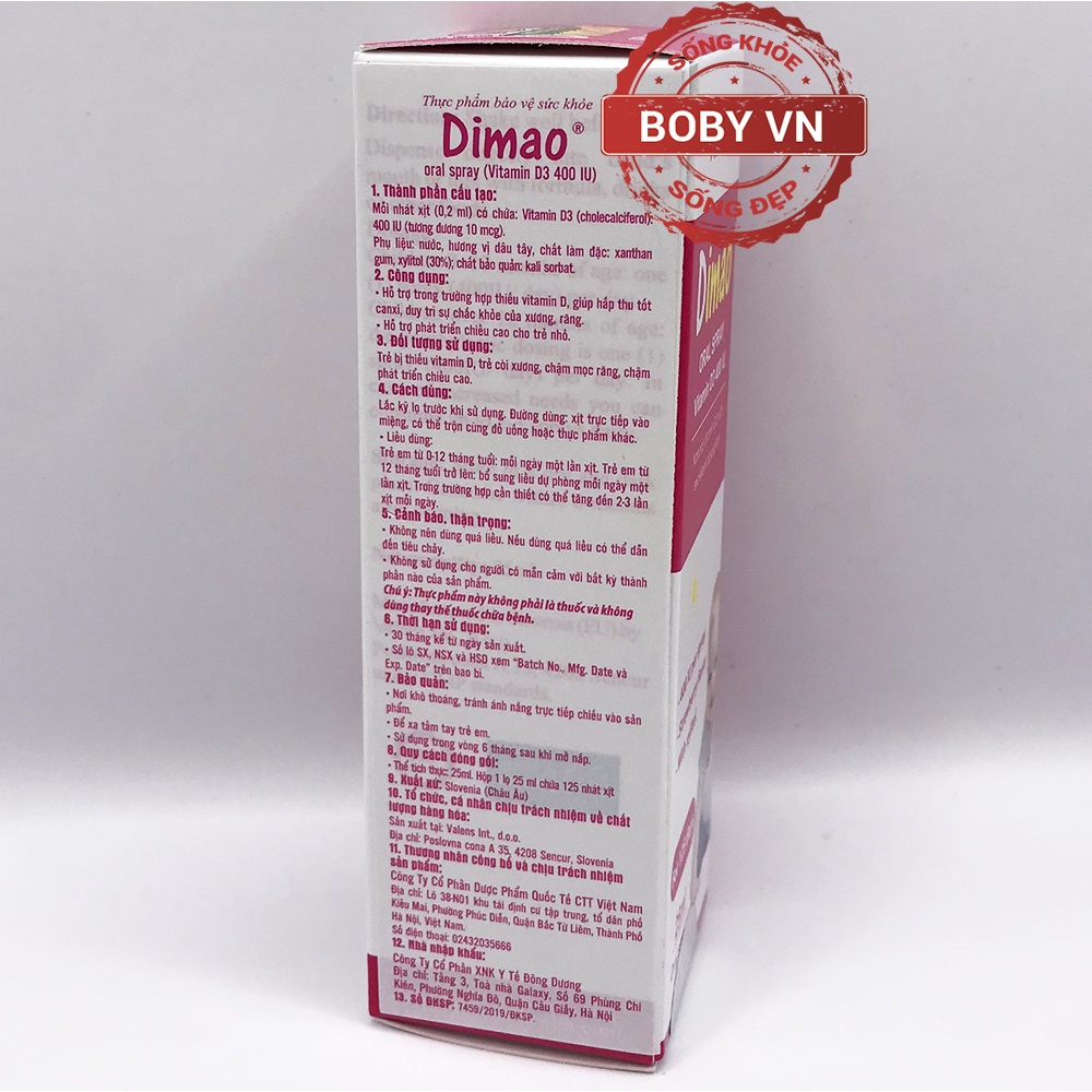 Dimao Oral Spray (Vitamin D3 400 IU) 25ml cho 125 ngày