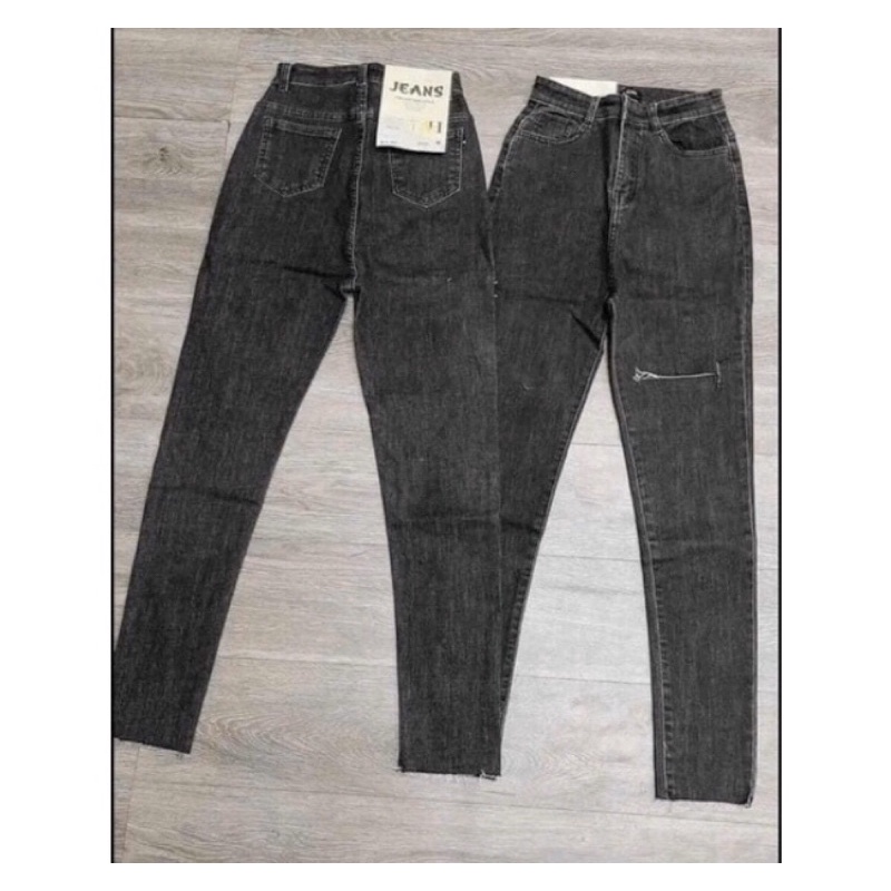 Quần Jean Nữ Skinny Xám Đậm Rách. Cạp Cao Trên Rốn - Co Giãn Mạnh