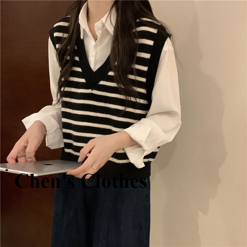 Áo gile nữ cổ V dáng ngắn kẻ ngang viền màu