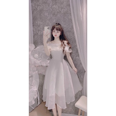 Váy trắng công chúa trễ vai dây xếp ly ngực dự tiệc kỉ yếu prom, đầm xoè tiểu thư rớt vai chất đẹp tiệc cưới cô dâu