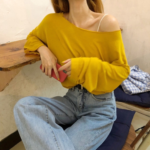 SUXI Áo thun tay dài màu trơn phong cách Hàn Quốc cho nữ