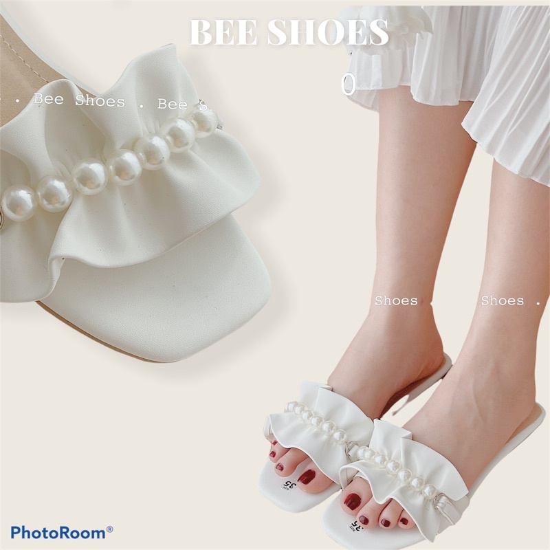 BEESHOES - DÉP NỮ MŨI VUÔNG QUAI NGANG HOẠ TIẾT NGỌC - DÉP NỮ MŨI VUÔNG  ĐẾ BỆT SẴN MÀU TRẮNG - ĐEN - KEM 210340