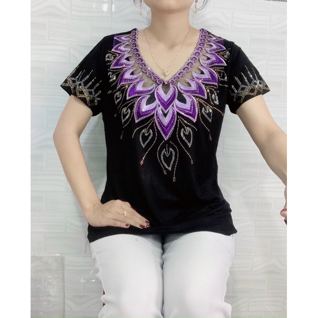 Áo Thun Trung Niên Nữ Tay Ngắn Đính Đá Form To Thời Trang mặc mát