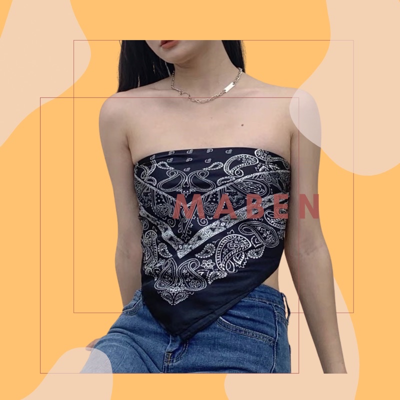 Khăn bandana lụa size 70x70cm turban cột áo yếm in hoa văn - Maben