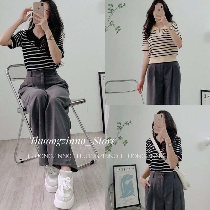 Áo polo kẻ cổ V  họa tiết  kẻ sọc Áo len croptop phong cách Hàn Quốc