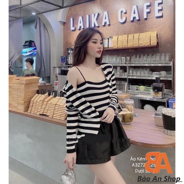 Sét nữ áo khoác tay dài phối áo 2 dây dây gợi cảm chất vải thun gân len 4 chiều