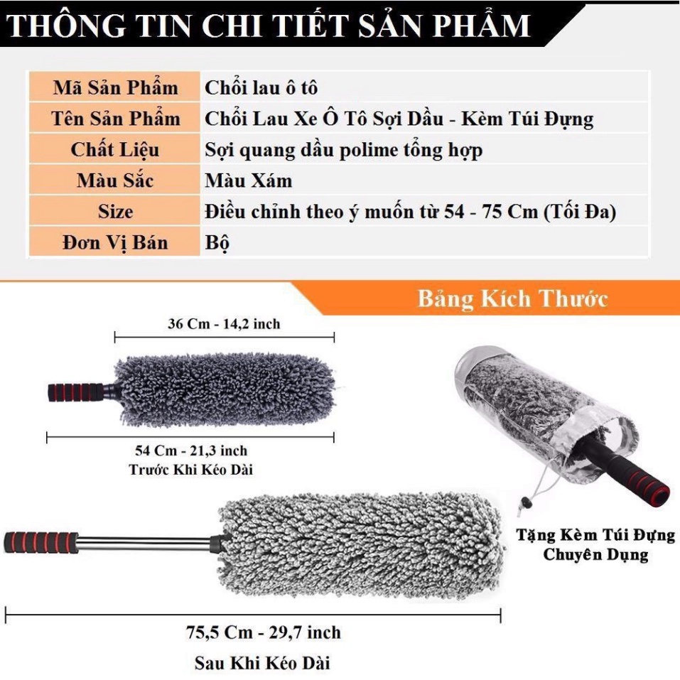 Chổi Lau Nhà - Cây Lau Xe Ô Tô [CAO CẤP] Sợi Microfiber siêu mềm mại, Xoay Tròn 360 Độ, Điều Chỉnh Độ Dài