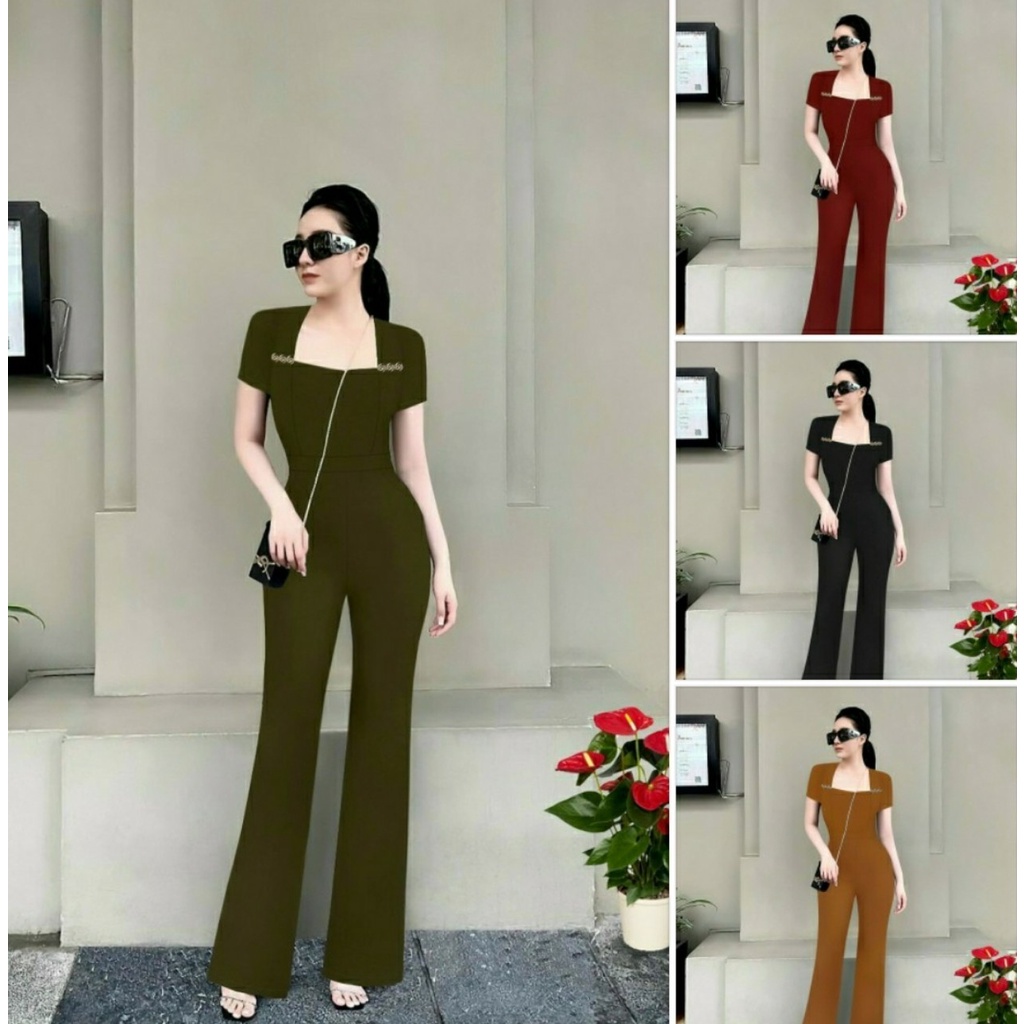 Jum dài ống loe dây kéo lưng áo cổ vuông phối nút trước ngực xinh xắn - YB220512