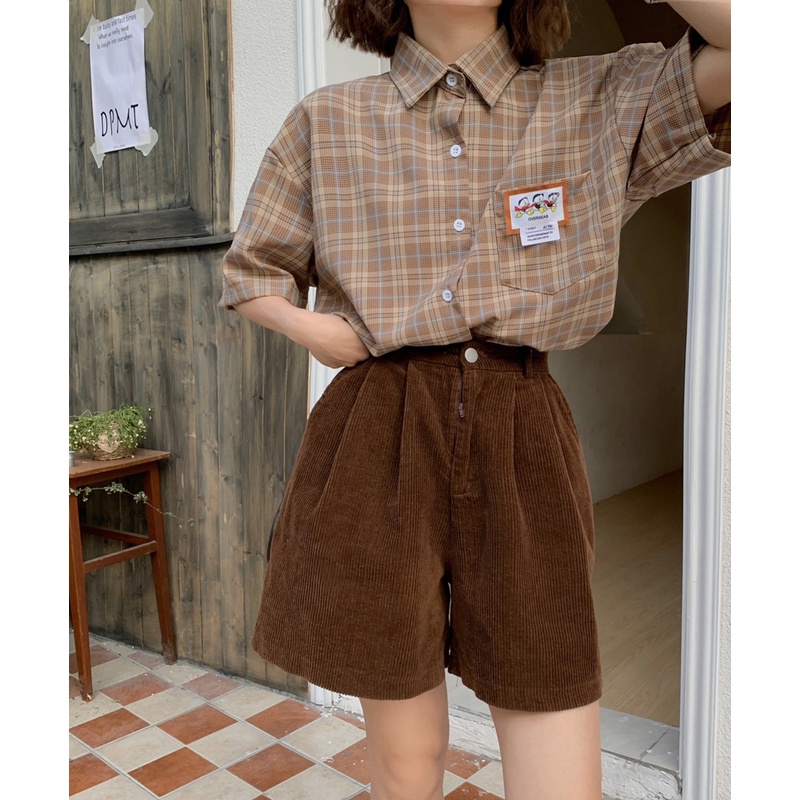 Sơ Mi Nữ Tay Ngắn Kẻ Sọc Caro Phong Cách Retro Hàn Quốc