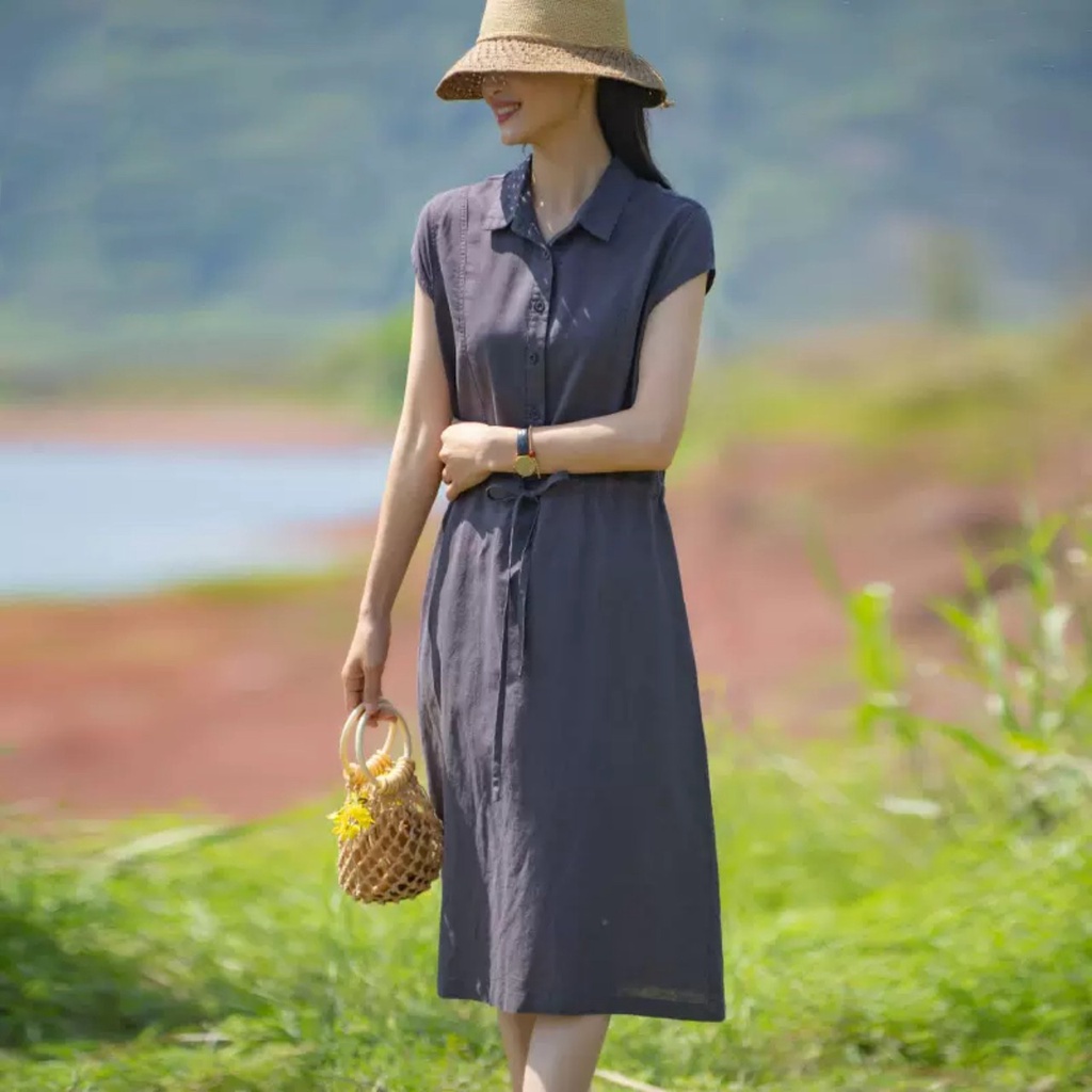 Đầm Suông Linen Cổ Đức,Váy Sơ mi Công Sở, Dạo Phố - Phong Cách Thời Trang Hàn Quốc Da70