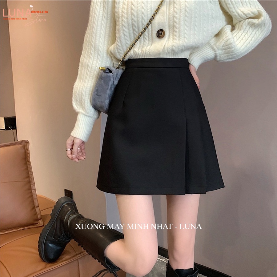Chân váy chữ A ngắn xếp ly lưng cao có quần lót trong khóa sau - Chân váy ngắn xếp ly dáng chữ A công sở cạp cao vải mềm