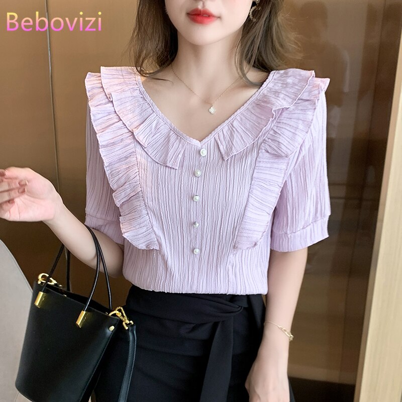 S-XXL Pink Blue White Korean Fashion Chiffon Ruffles  Ummer Casual Short Sleeve Blouse Tops for Women Office Lady Work Clothes
