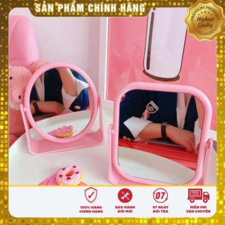 Gương trang điểm để bàn, gương soi di động dòng thấp 2 mặt xoay 360 độ..