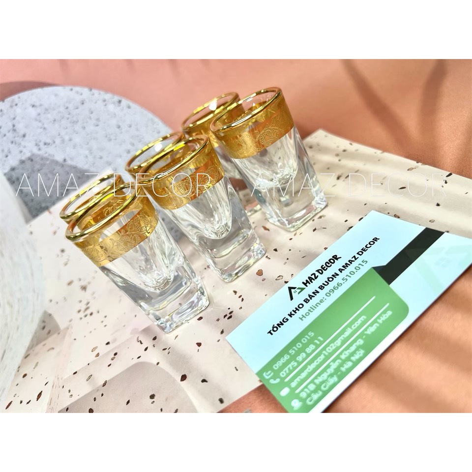 Bộ 6 chén ly rượu thủy tinh đế vuông dày cao cấp sang trọng họa tiết khảm họa tiết vàng
