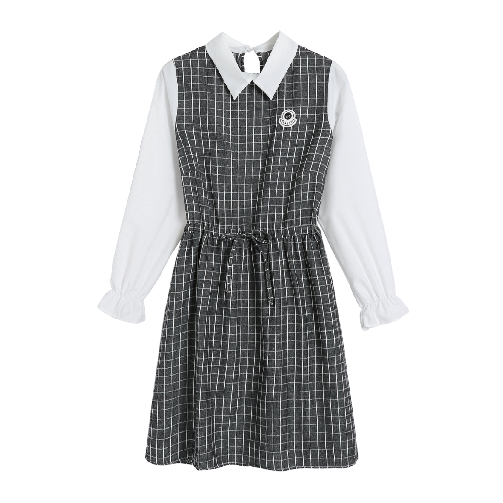 Đầm Ca Rô Xám Dài Tay Phong Cách Hàn Quốc Thanh Lịch Dành Cho Nữ