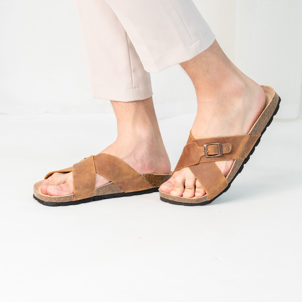 DK17 - Dép Đế Trấu BIOLINE Official Quai Da Bò Chữ X Có Khóa Lót Pu Kem Chống Nước