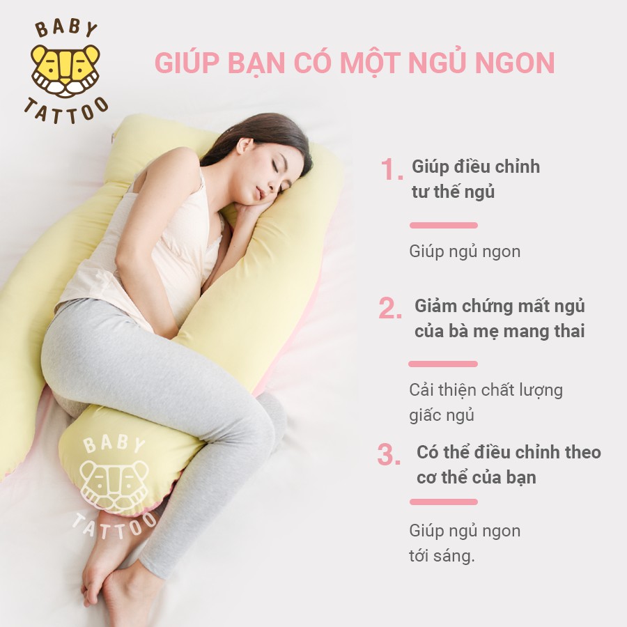 BABY TATTOO Gối Ôm Chữ U Cho Mẹ Bầu Cao Cấp CÓ THỂ THÁO RỜI, 3.2KG 75Ｘ140CM