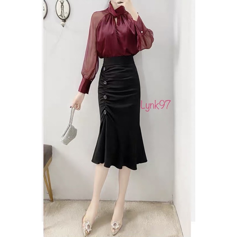 Chân váy dài body tôn dáng vải umi co dãn bèo nhúm đính cúc sang chảnh/chân váy dài đuôi cá/chân váy đuôi cá | BigBuy360 - bigbuy360.vn