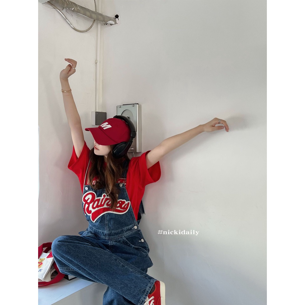 Quần yếm jeans ống suông rộng phủ giày xanh đậm thêu Rainbow siêu phẩm cao cấp